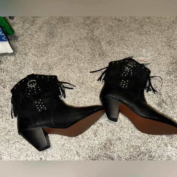 Santa Fe Boot Co Black Rhinestones Fringe Heeled Boots Size 8M - Picture 7 of 10